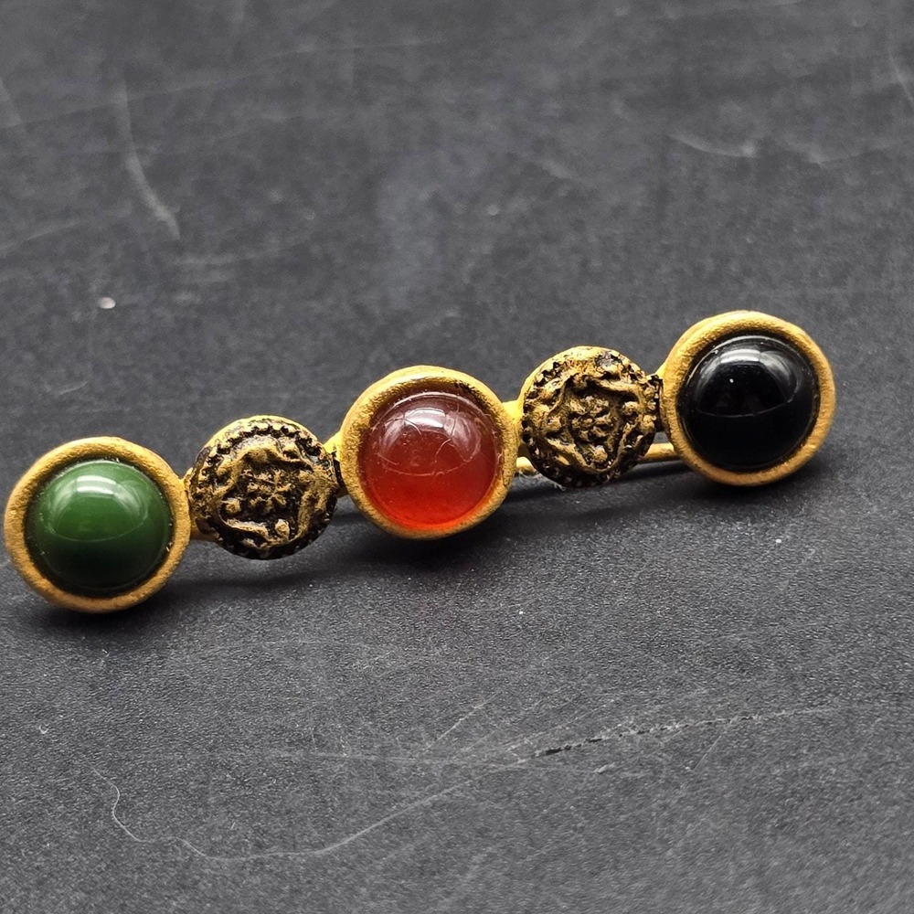 Ginnie Johansen Designs GJD Bar Brooch Gold Tone Green Orange Black